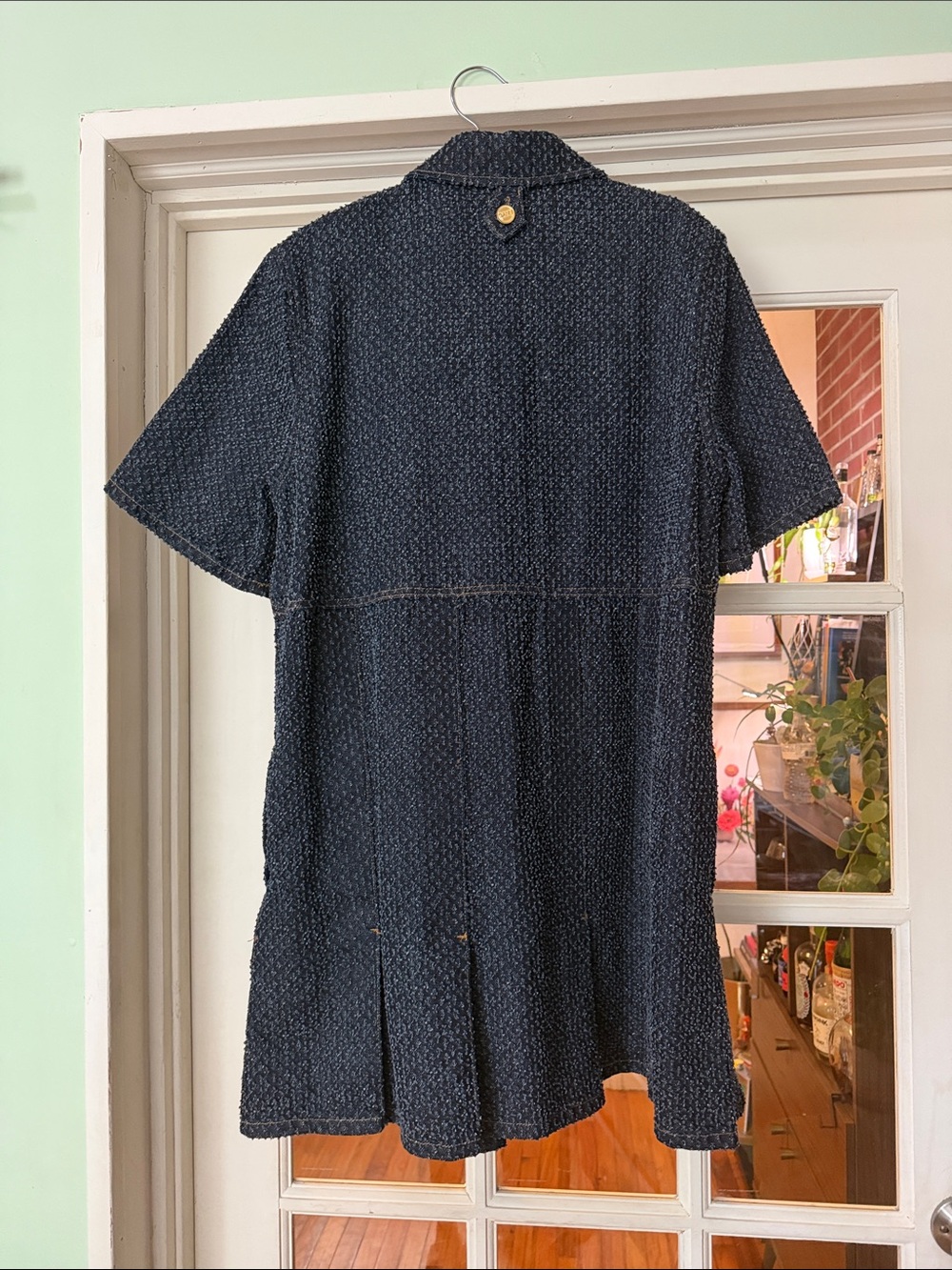 Ganni “Fluffy” Denim Navy Textured Tweed Short-Sleeve Polo Dress - Picture 5 of 7